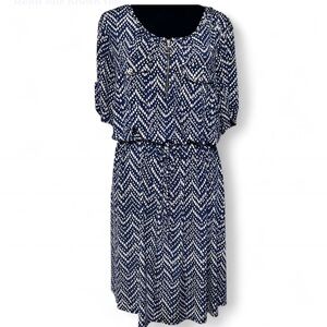 PERSEPTION CONCEPT Navy & White Chevron Midi Dress 3/4 Sleeves Zipper Front XL